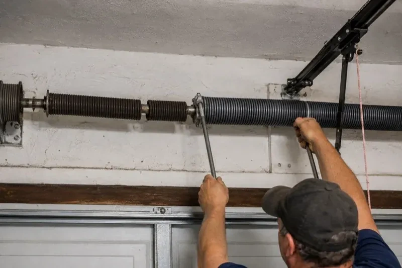 Person holding metal bars beside exposed coiled springs above a garage door. — Torsion Spring Replacement, Peterborough