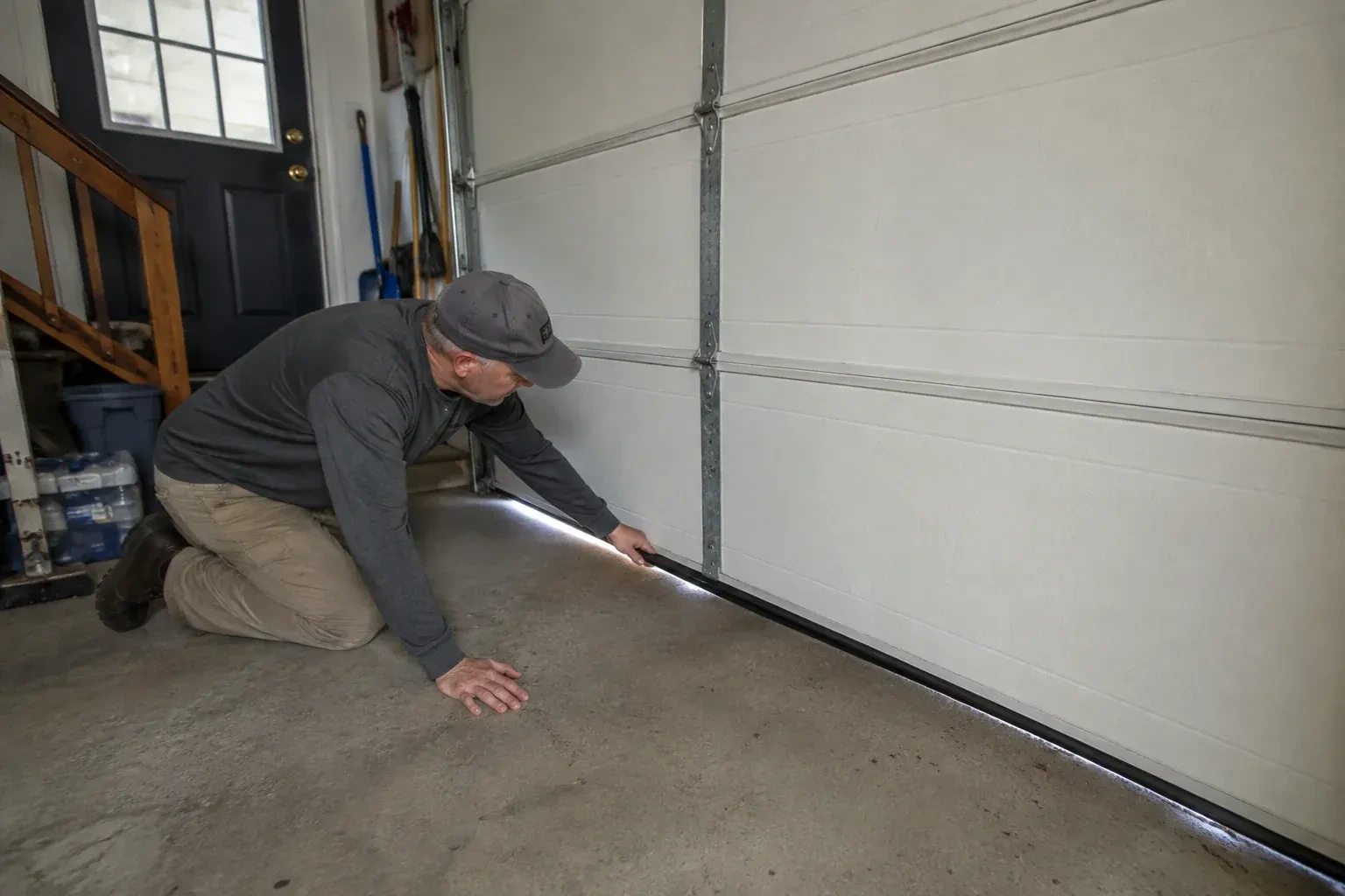 A person kneels beside the black bottom seal of a garage door, with daylight visible beneath the edge. — Garage Door Bottom Seal Replacement, Peterborough