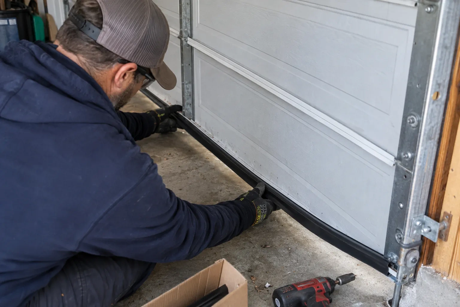 Gloved hands pressing a black rubber seal along the bottom edge of a paneled garage door, with a red drill nearby.