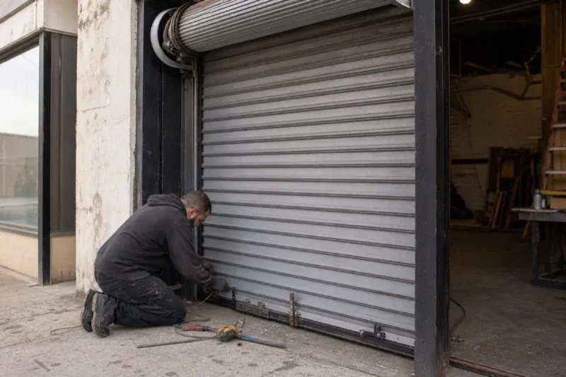 Person kneeling beside the bottom of a metal rolling door with tools on the ground — Commercial Rolling Door Repair, Peterborough