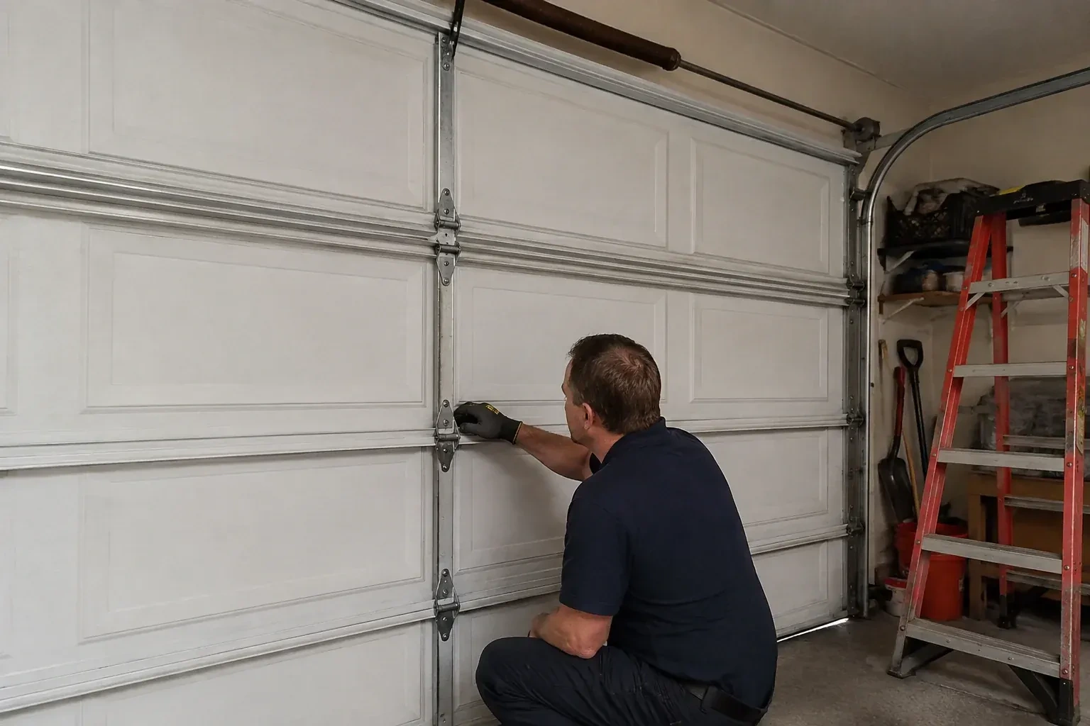 A person examines a central hinge joining two sections of a closed garage door. — Garage Door Hinge Replacement, Peterborough