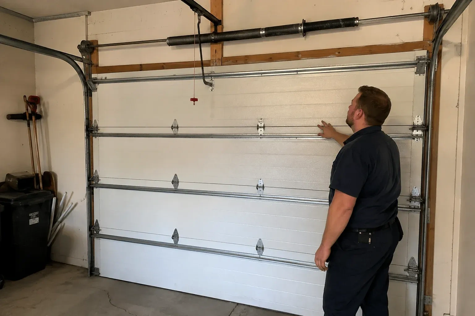 A person stands beside a closed sectional door beneath its overhead spring assembly. — Garage Door Balance Adjustment, Peterborough