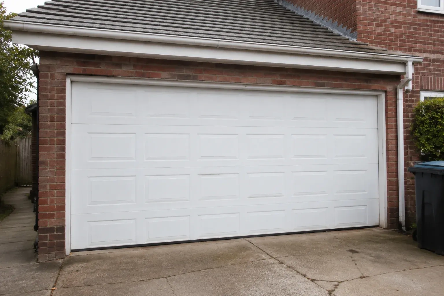 Closed white sectional garage door at an ordinary brick house. — Sectional Garage Door Replacement, Peterborough