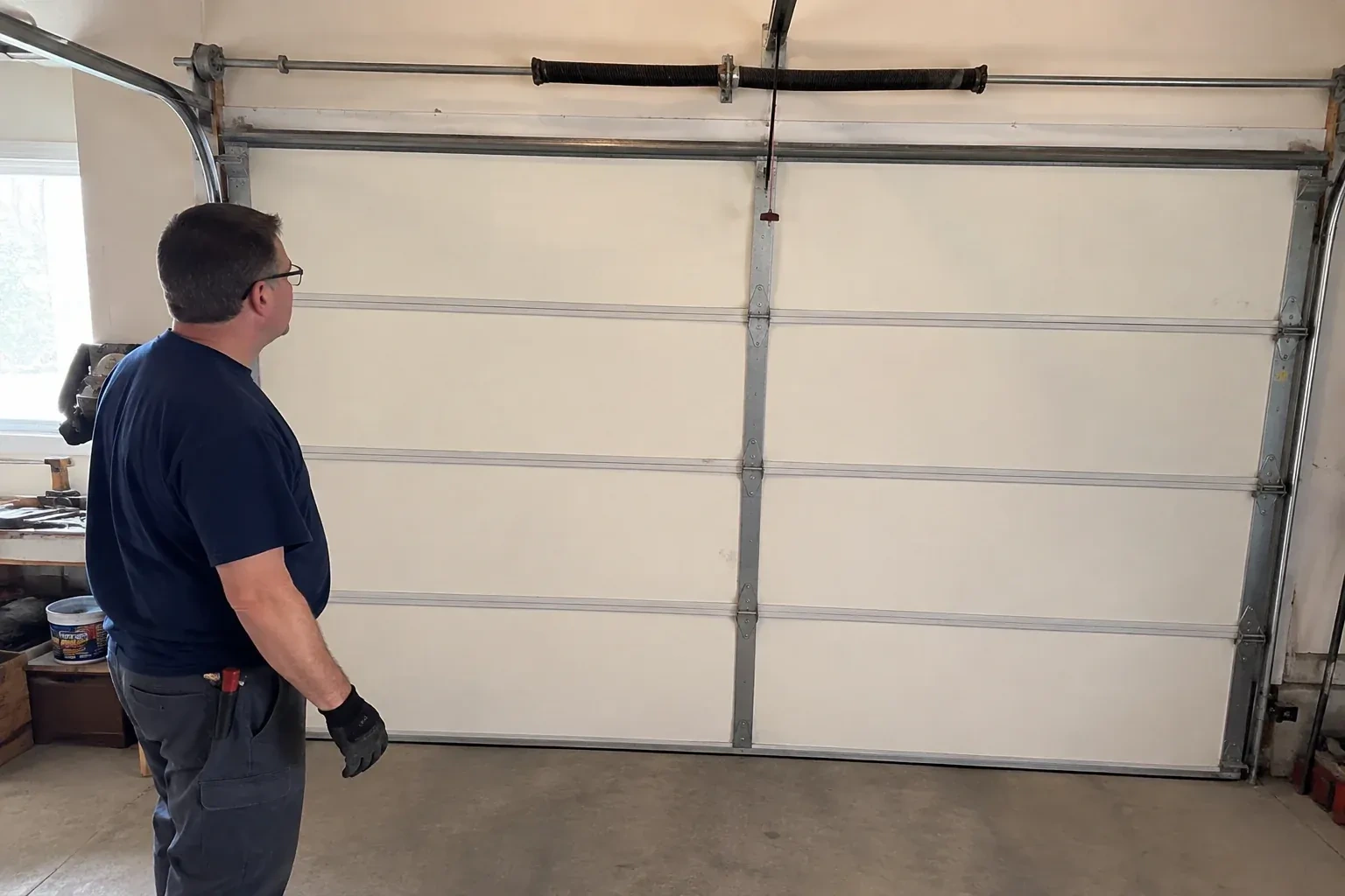 Person in a dark shirt standing before a closed cream sectional door, looking up at a coiled spring and red-tipped cord. — Off-Track Garage Door Reset, Peterborough
