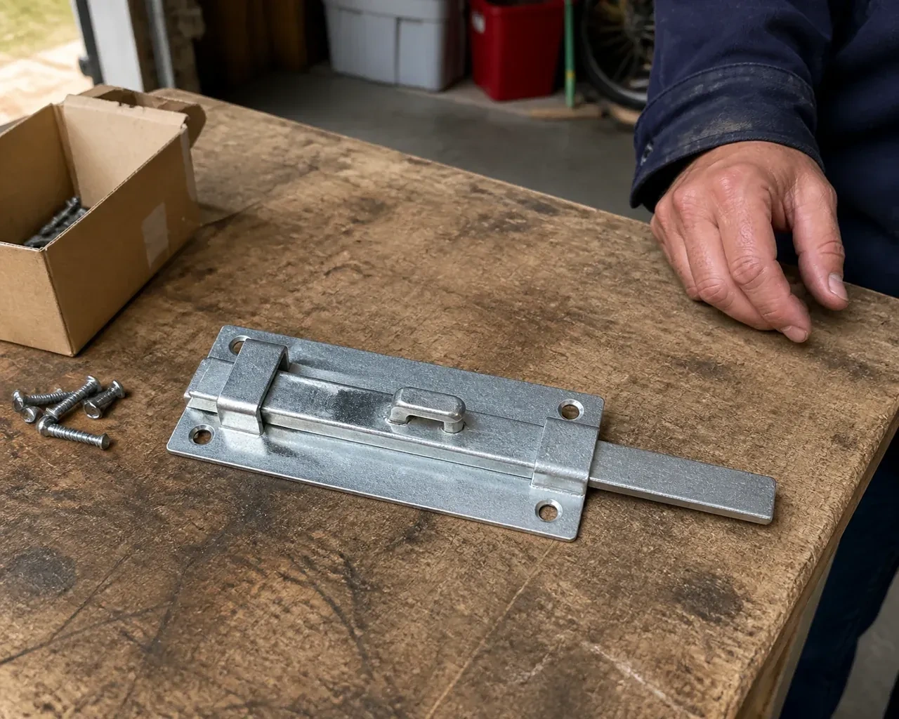 A detached metal slide bolt with mounting holes and retaining guides rests beside screws on a workbench. — Garage Door Manual Lock Repair, Peterborough