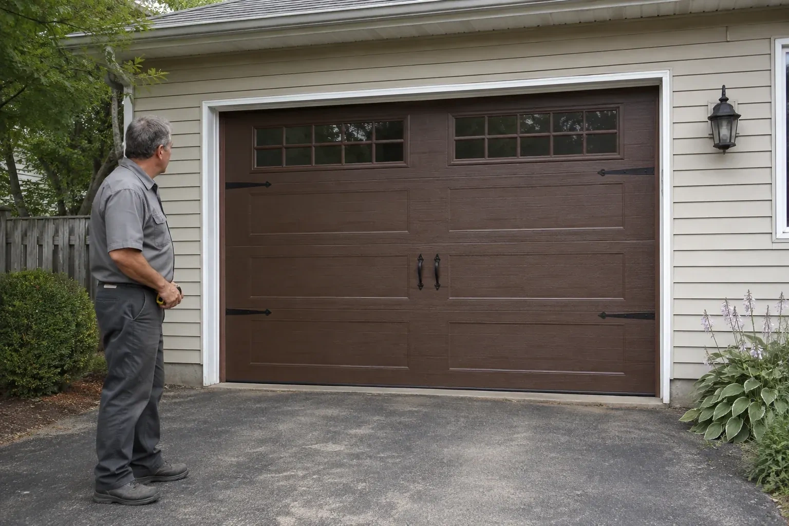 A person stands beside a closed brown garage door with upper windows and black decorative straps and handles. — Carriage-House Garage Door Installation, Peterborough