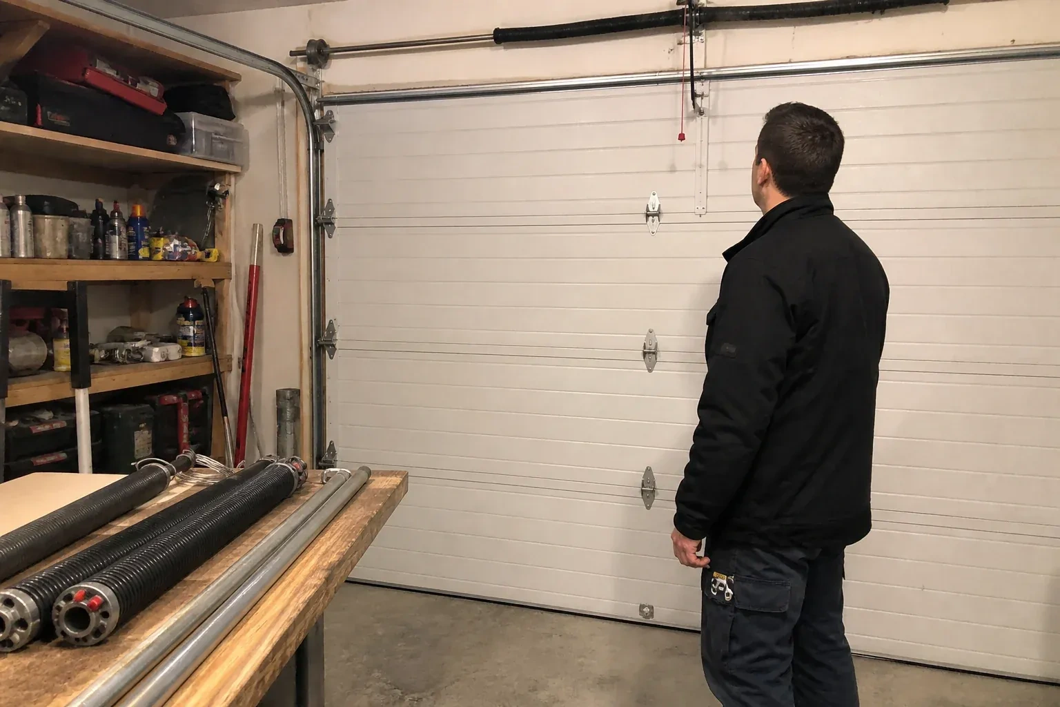 Person in a jacket facing a closed white sectional door, with coiled springs and steel tubes on a wooden bench. — Extension Spring Replacement, Peterborough