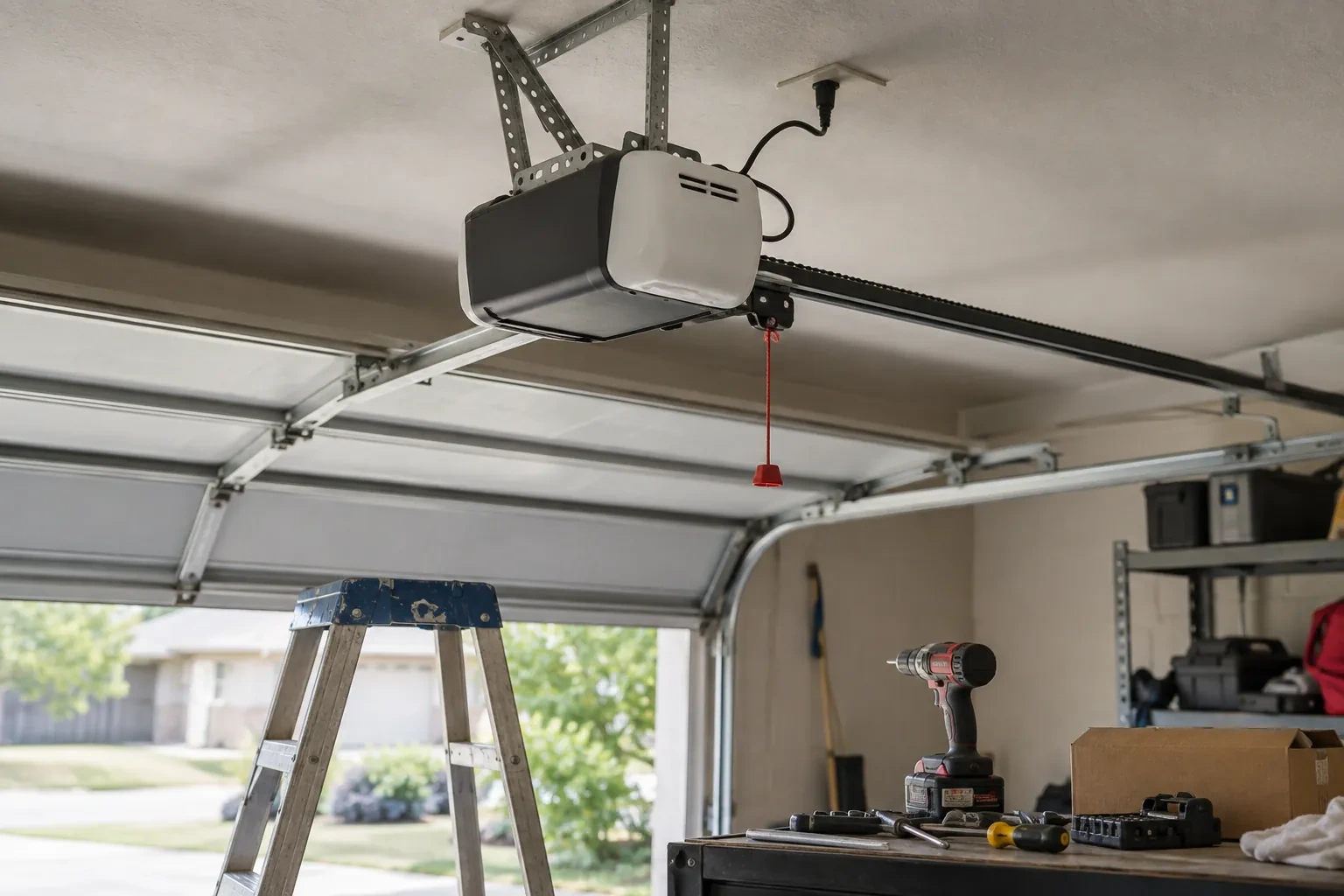 Ceiling-mounted garage-door opener with a red release cord, a blue stepladder below and a cordless drill on a workbench. — Nassau