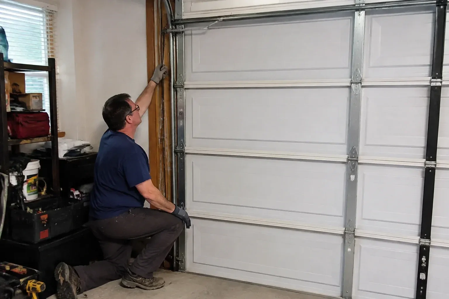 Person kneeling inside a garage reaching up along the vertical track of a white paneled door, with a toolbox and drill nearby. — Garage Door Cable Replacement, Peterborough