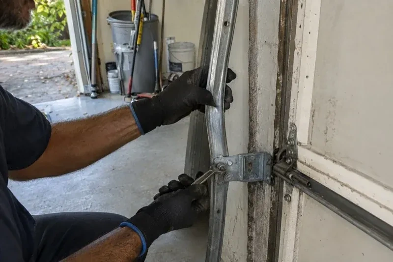Gloved hands holding a vertical garage-door track and a wrench at its mounting bracket beside a door hinge. — Garage Door Track Repair or Replacement, Peterborough