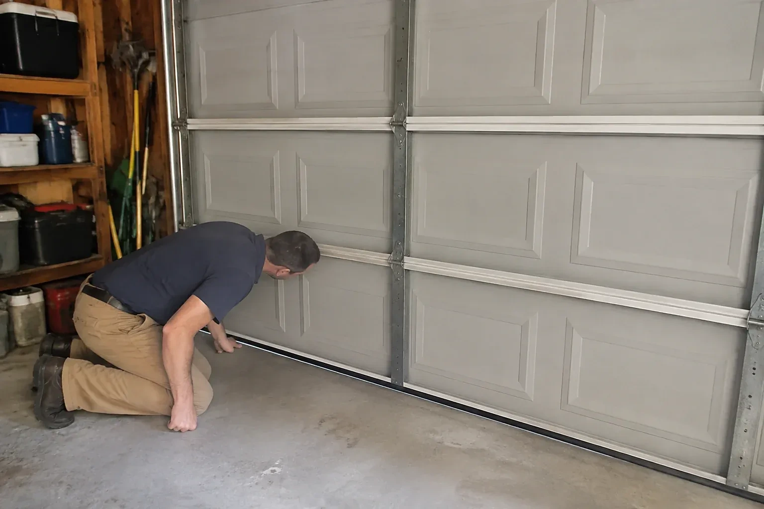 Person kneeling with a hand at the base of a gray paneled door that has a black strip along its bottom. — Garage Door Perimeter Weatherstrip, Peterborough