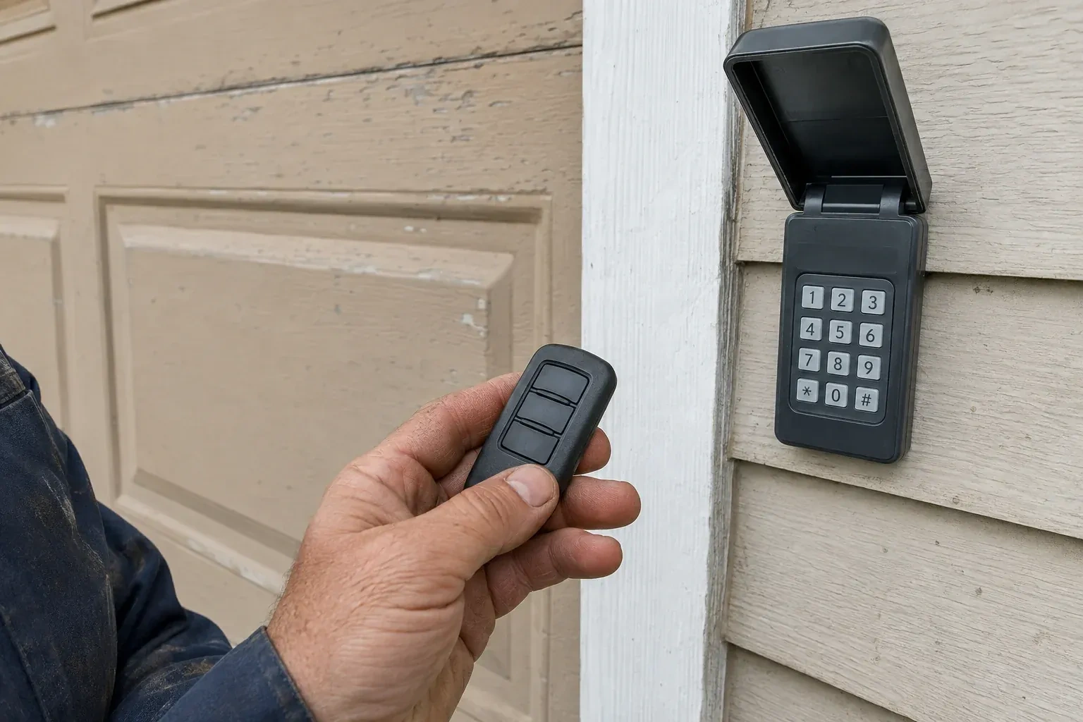 A hand holds a three-button remote beside an exterior garage keypad with its cover open. — Garage Door Remote and Keypad Programming, Peterborough