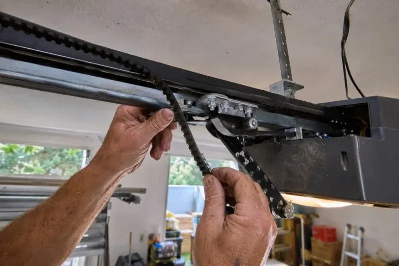 Hands holding a loose toothed belt beside the rail and trolley of an overhead garage-door opener. — Belt-Drive Opener Repair, Douro-Dummer