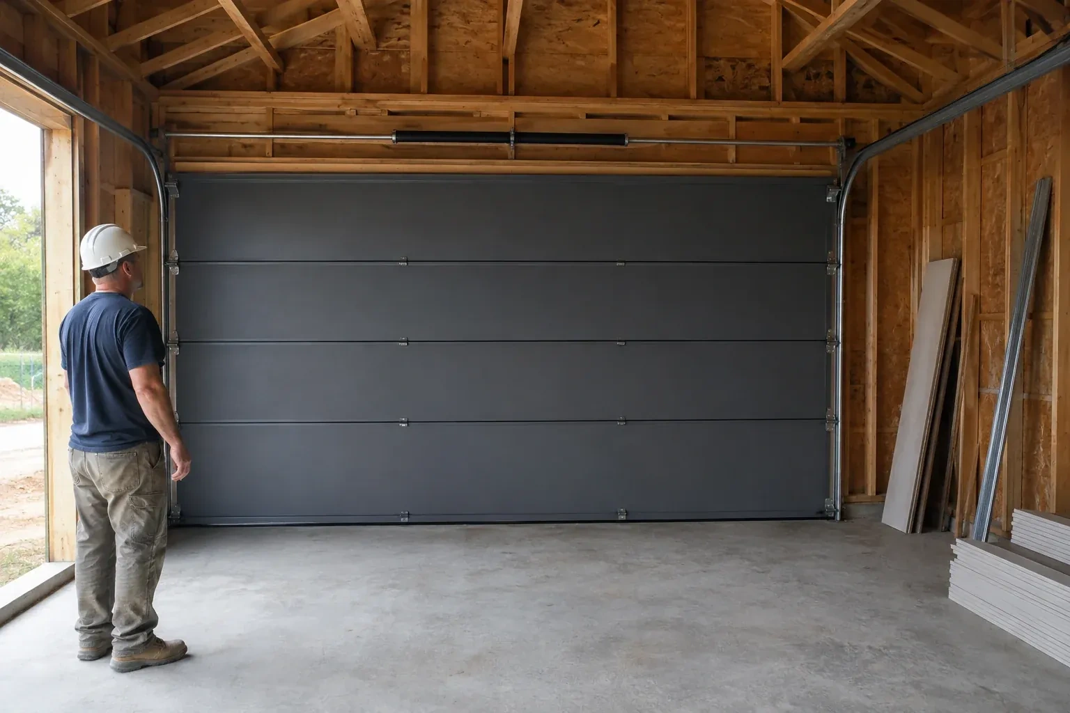 A person wearing a hard hat stands beside a dark sectional door in an unfinished timber-framed garage. — New-Construction Garage Door Installation, Peterborough