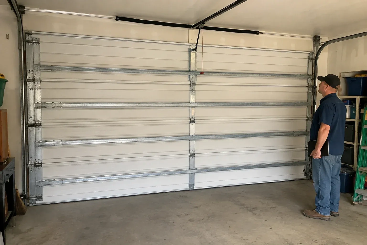 A person examines horizontal metal reinforcement members across the interior of a closed garage door. — Wind-Rated Garage Door Replacement, Peterborough