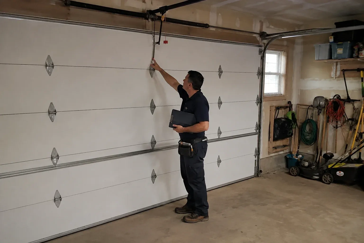 A person holding a clipboard examines the interior hardware of a closed garage door. — Garage Door Tune-Up, Peterborough