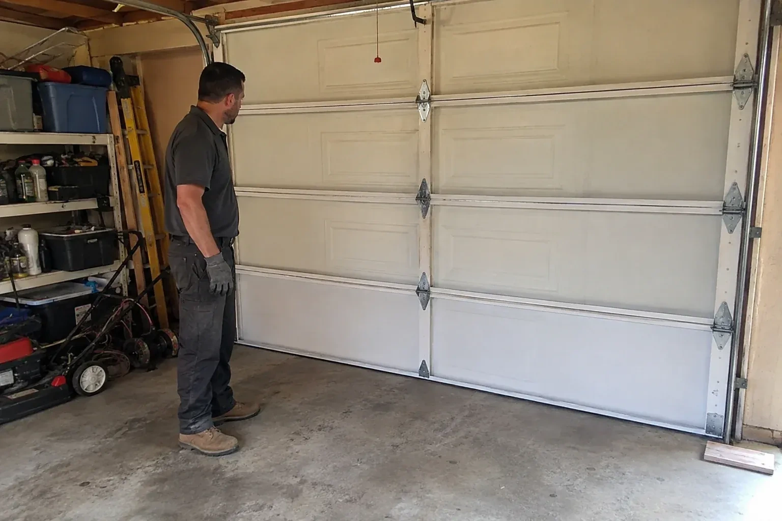 A person examines the interior panels and hinges of a closed sectional garage door. — Garage Door Panel Replacement, Peterborough