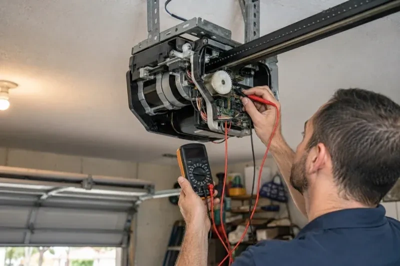 Person holding a multimeter and a red probe near the exposed circuit board of an overhead garage-door opener. — Garage Door Opener Diagnosis and Repair, Peterborough