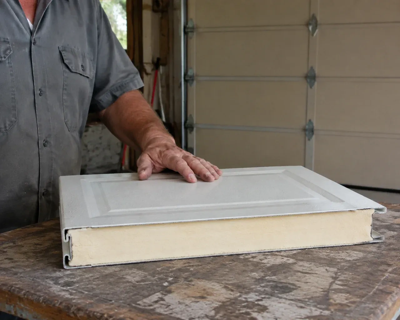 A panel sample exposes a cream foam core between thin metal faces on a garage workbench. — Insulated Steel Garage Door Installation, Peterborough