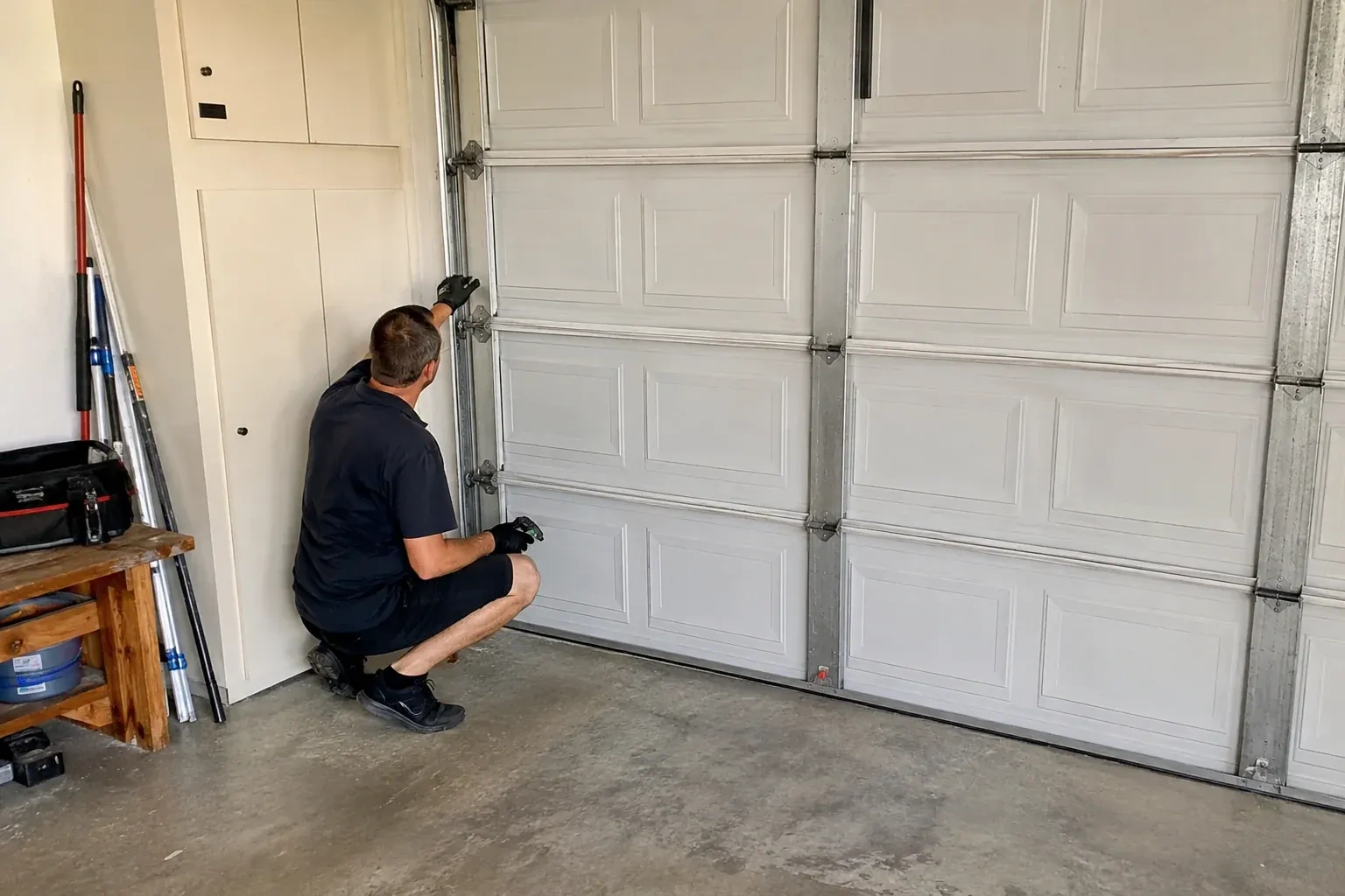 A person kneels beside the side track and hinges of a closed sectional garage door. — Garage Door Safety Inspection, Peterborough