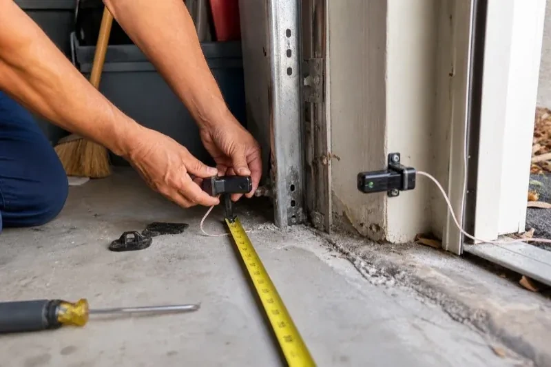 Hands holding a small wired device beside another mounted device and a tape measure at a garage-door opening — Photo-Eye Sensor Alignment or Replacement, Peterborough