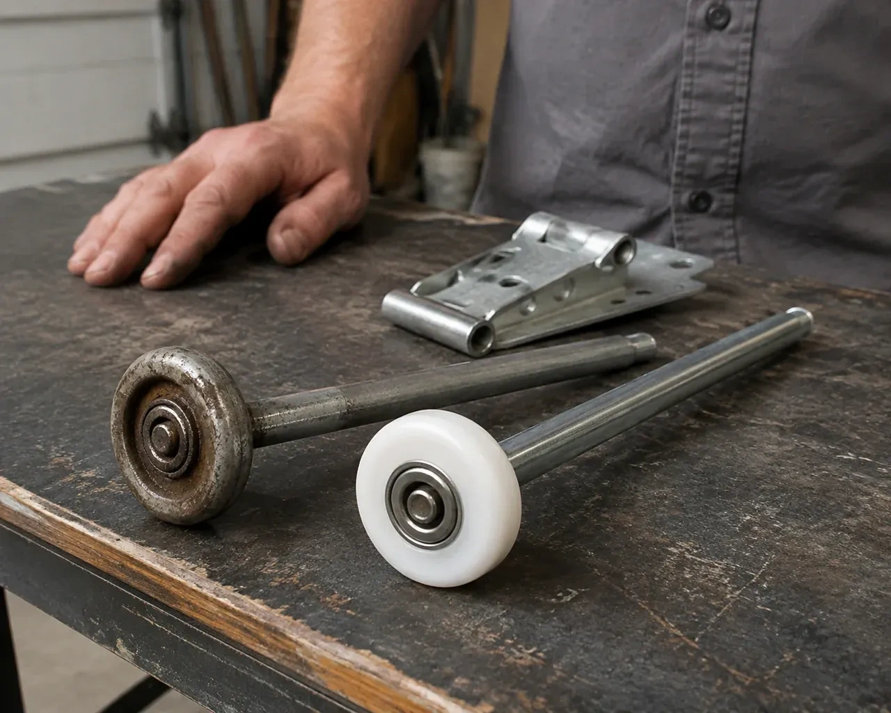 Steel and nylon garage-door rollers with long stems lie beside a detached hinge on a workbench. — Garage Door Roller Replacement, Peterborough