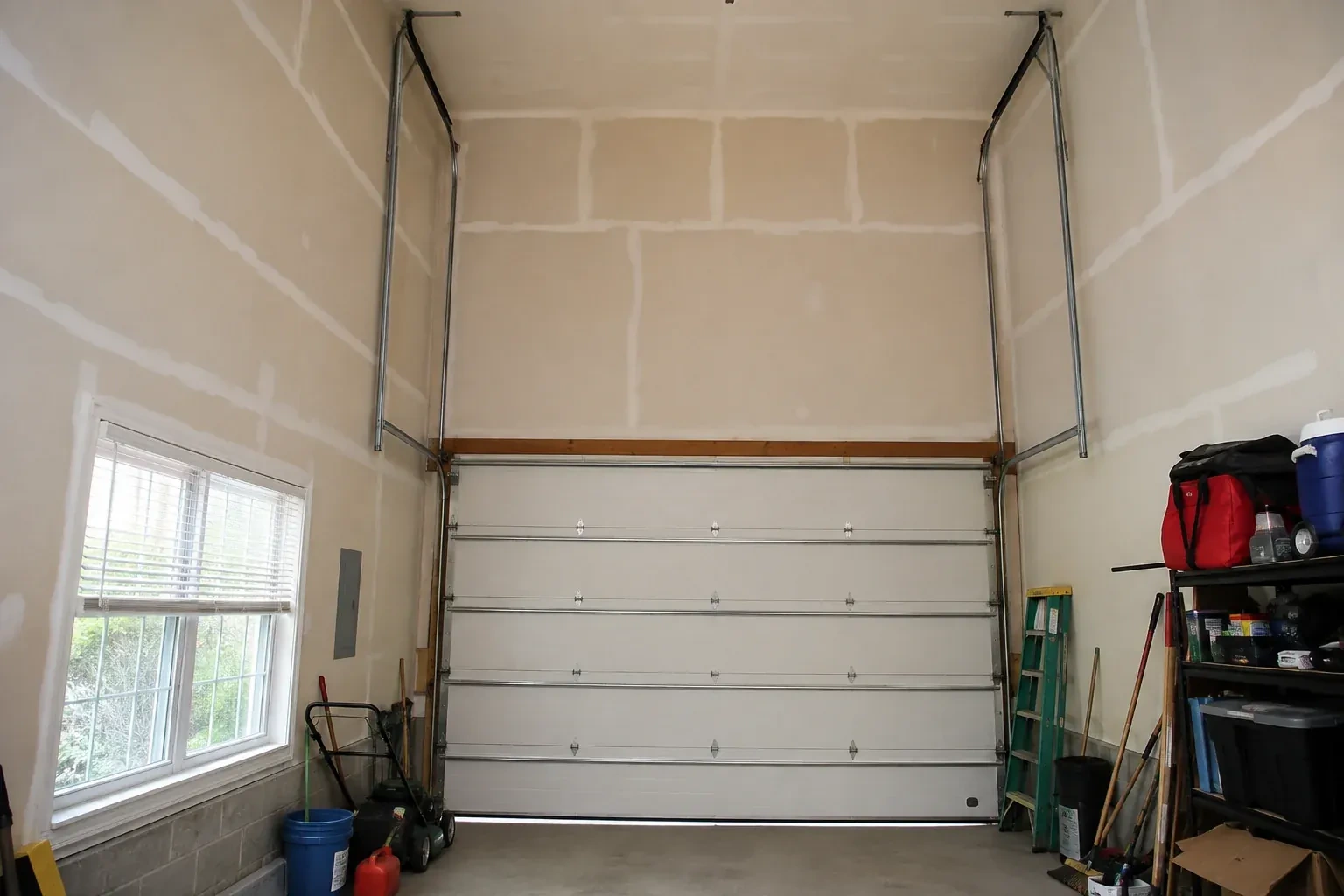 Tall garage interior with a sectional door and tracks extending into overhead space. — High-Lift Garage Door Conversion, Peterborough